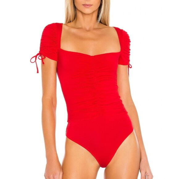 Lovers and Friends Jupiter Bodysuit Size S Red Square Neck Ruched Knit - Picture 1 of 16